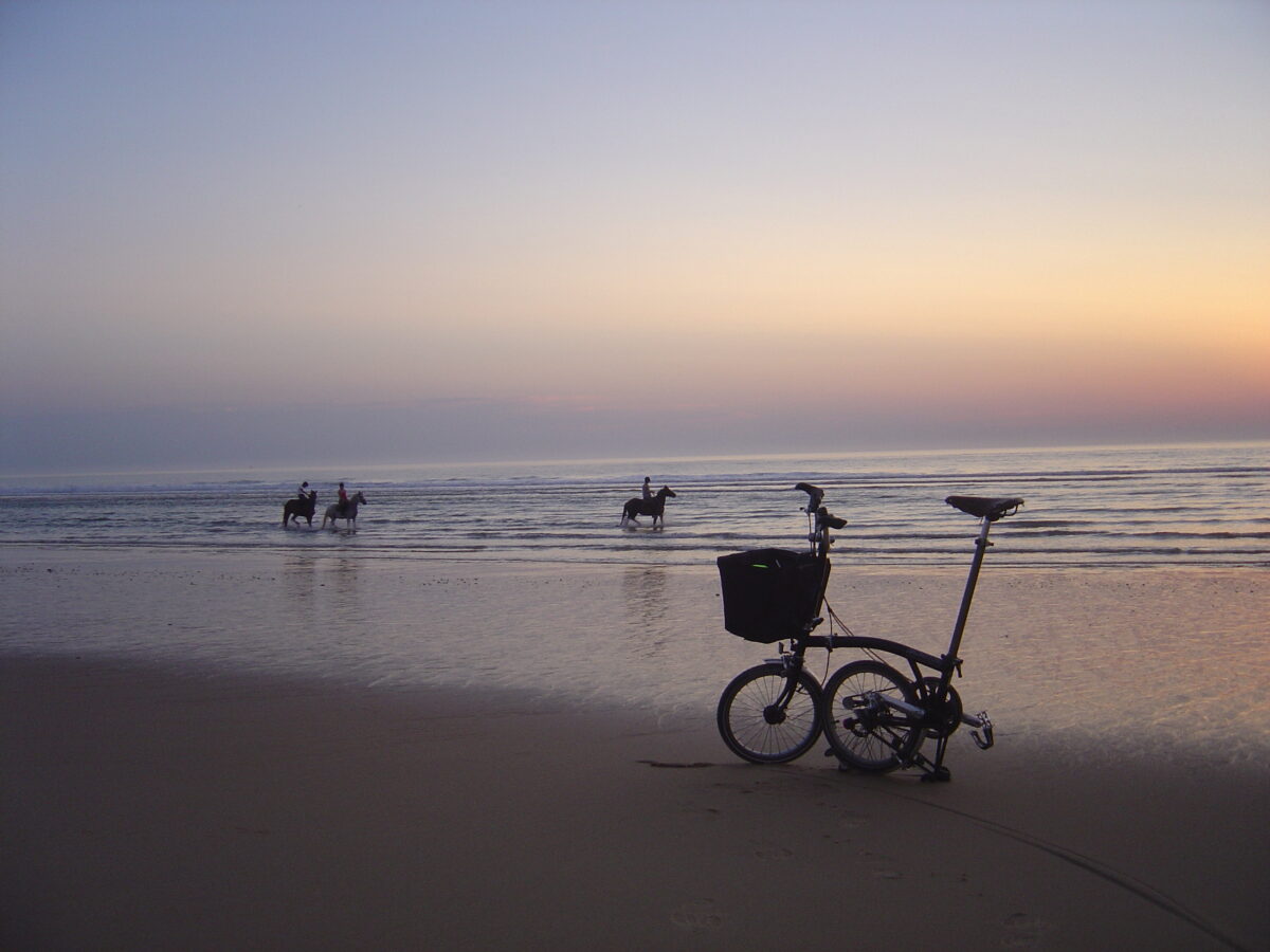 Rower stoi na piaszczystej plaży.