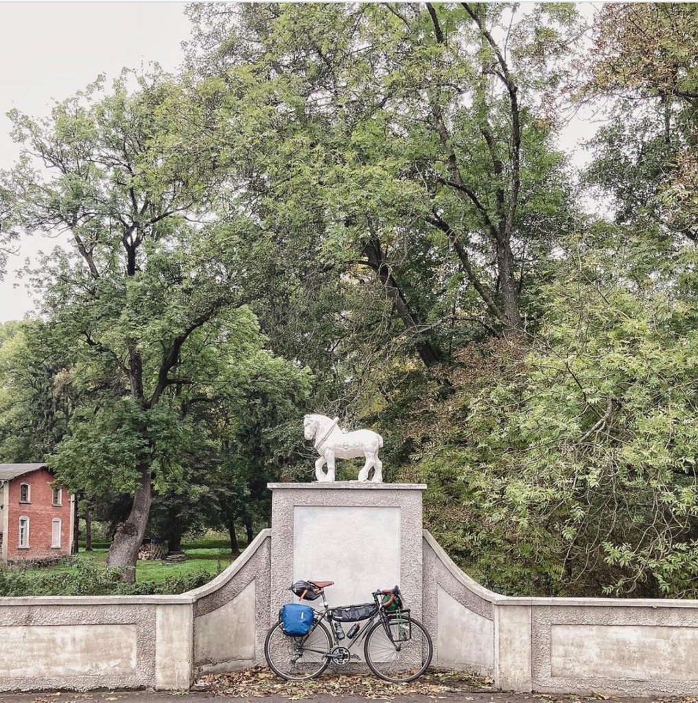Rower stoi zaparkowany obok posągu lwa.