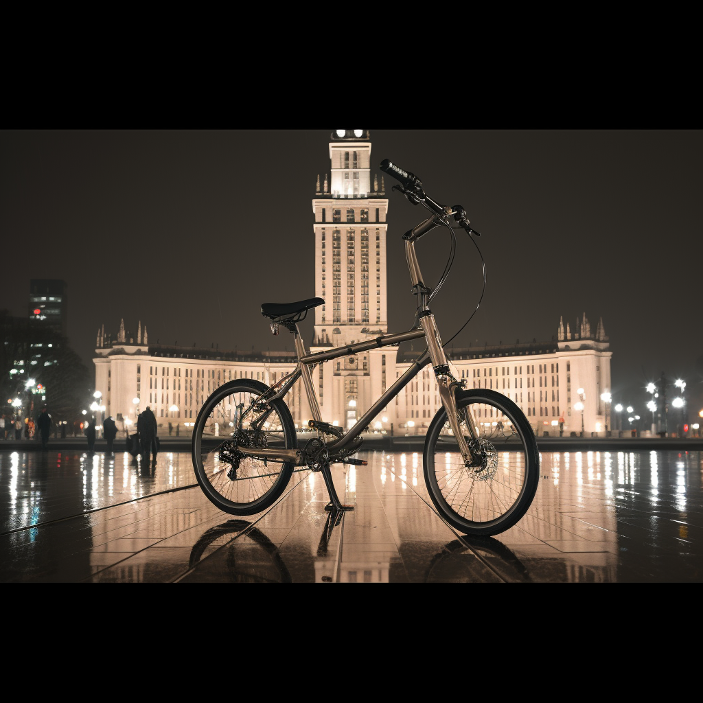 Rower zaparkowany nocą przed budynkiem.