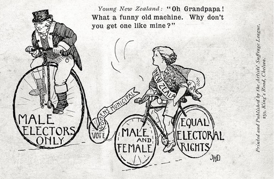 Kreskówka przedstawiająca mężczyznę jadącego na rowerze i kobietę jadącą na rowerze.