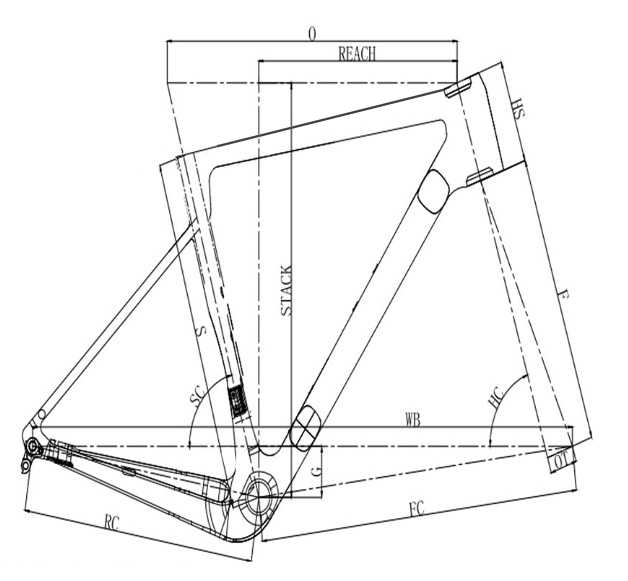 Rysunek techniczny ramy roweru z oznaczonymi wymiarami, takimi jak zasięg, stos i rozstaw osi.