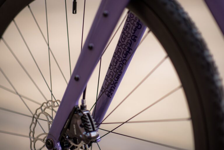 Zbliżenie na widelec rowerowy i przednie koło Anty Gravel CRE XS (49 cm) - GRX 800, ze szczególnym uwzględnieniem ozdobnego wzoru na widelcu i zespole hamulca tarczowego.