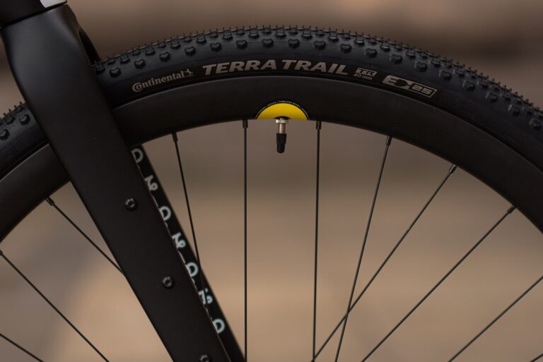 Zbliżenie na oponę rowerową z napisem „continental terra trail” na boku, zamontowaną na czarnej obręczy.