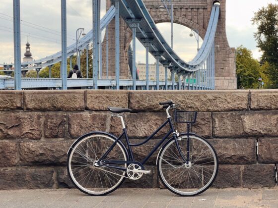 Zaparkowany rower oparty o kamienną ścianę z dużym niebieskim stalowym mostem i drzewami w tle pod zachmurzonym niebem.