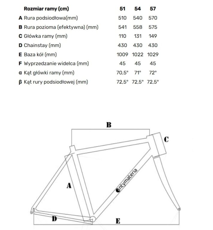 Schemat ideowy oraz wymiary Zestawu Antymateria Żwir roz. Geometria ramy S (51 cm).